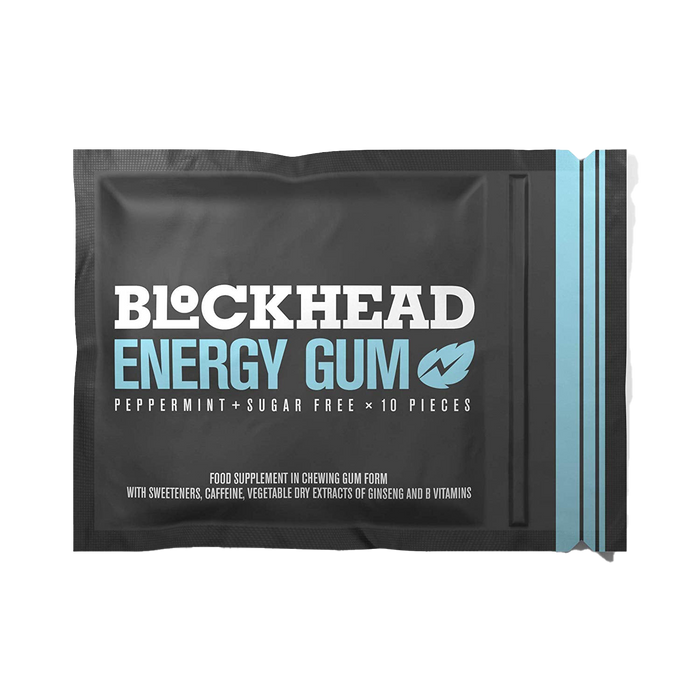 BLOCKHEAD Energy Gum Menthe Poivrée 12 Paquets de 10 PiÚces Chewing-Gum à la Caféine avec Vitamines B1, B6 et B12 et Ginseng Sans Sucre Sans Calories
