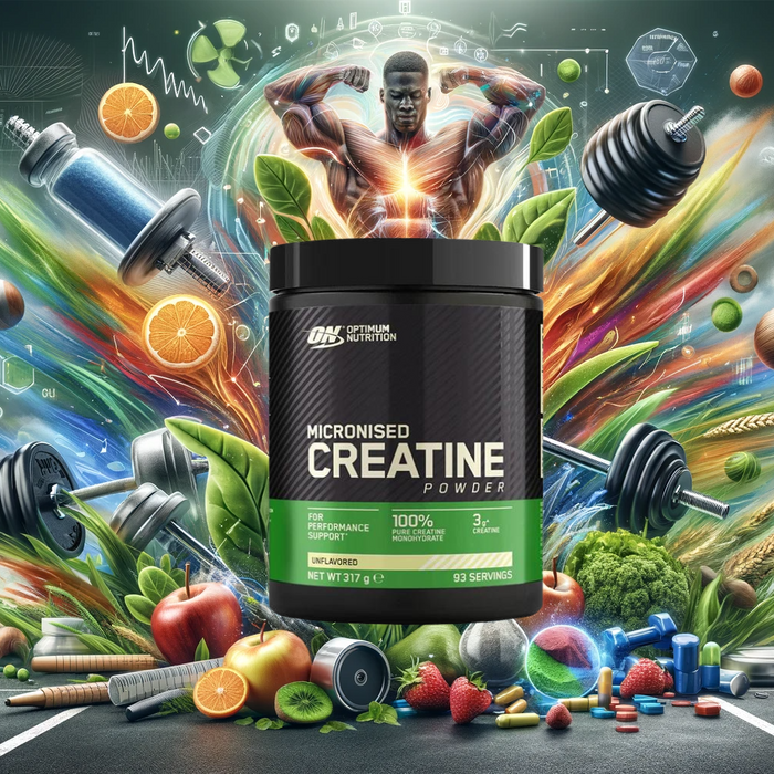 Header image for Optimum Nutrition Creatine blog, featuring the supplement with gym gear and healthy foods on a vibrant, health-themed background, emphasizing fitness and holistic wellness.