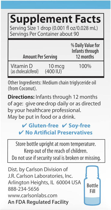 Carlson Labs Baby's Super Daily D3, 400 IU - 2.54ml 90 Drops - Sports Drink at MySupplementShop by Carlson Labs