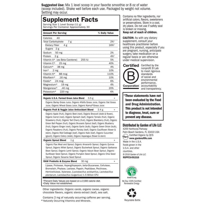 Garden of Life Raw Organic Perfect Food Green Superfood, Chocolate - 285g - Health and Wellbeing at MySupplementShop by Garden of Life