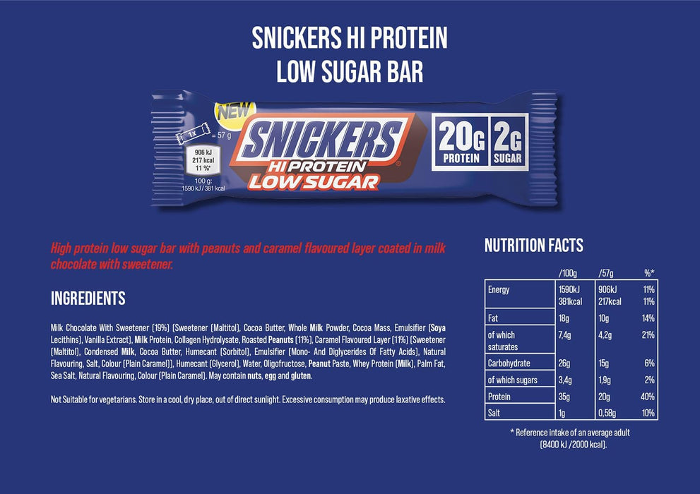 Snickers Low Sugar Snickers Hi-Protein Bar 12x57g - Protein Bar at MySupplementShop by Mars