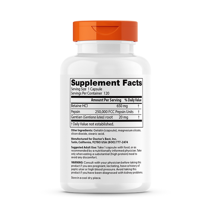 Doctor's Best Betain HCl Pepsin &amp; Gentian Bitters – 360 Kapseln