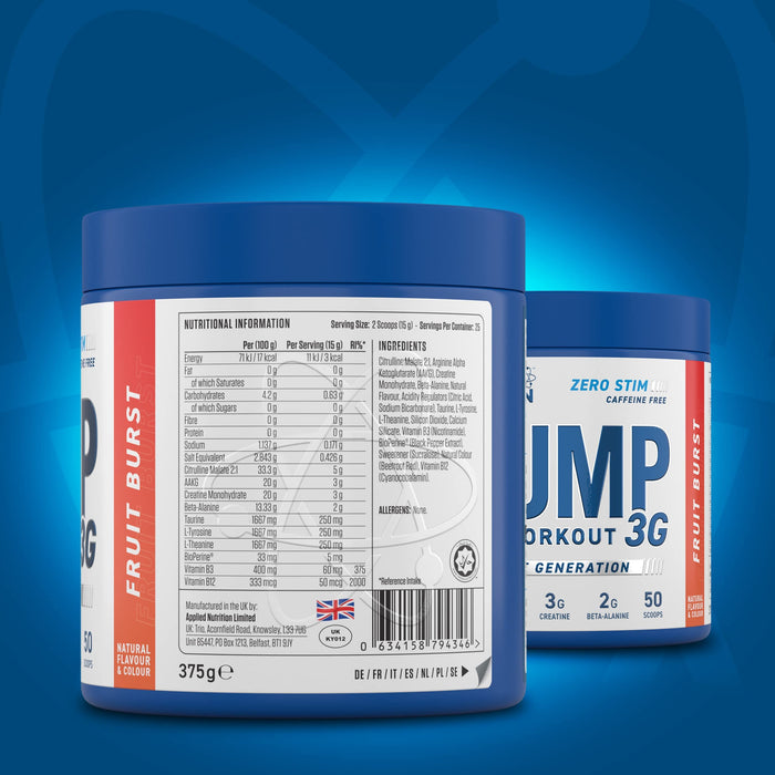 Applied Nutrition Pump 3G Pre-Workout (Zero Stimulant), Fruit Burst (EAN 634158794346) - 375g - Nitric Oxide Boosters at MySupplementShop by Applied Nutrition