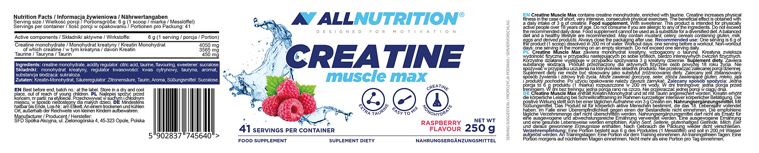 Creatine Muscle Max, Raspberry - 250g - Creatine Supplements at MySupplementShop by Allnutrition