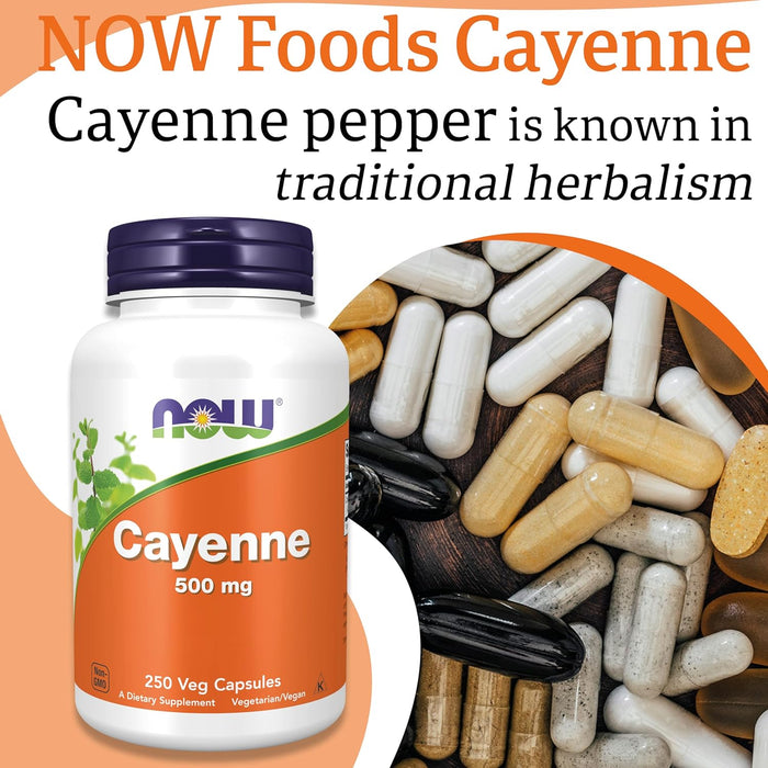 NOW Foods Cayenne 500mg 250 Veg Capsules - Health and Wellbeing at MySupplementShop by NOW Foods