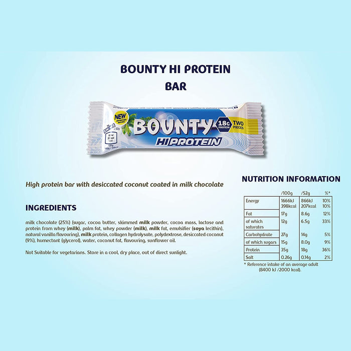 Bounty Hi Protein Riegel (12 x 52 g), proteinreicher Energiesnack mit Milchschokolade und Kokosnuss, 18 g Protein