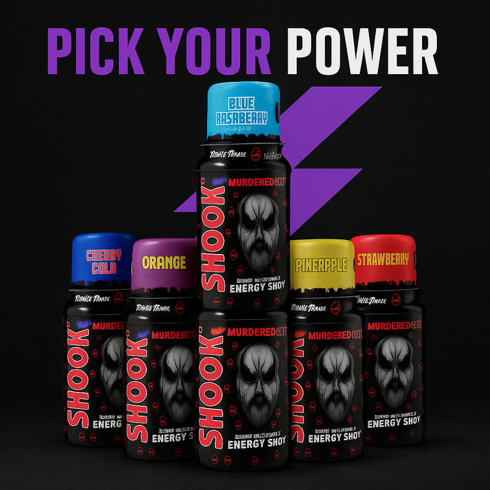 Five Murdered Out Shook Energy Shot bottles stacked in a pyramid, each flavour facing forward, with a purple MSS lightning bolt favicon backdrop and bold Oswald font tagline “Pick Your Power” in purple and white MSS brand colours.