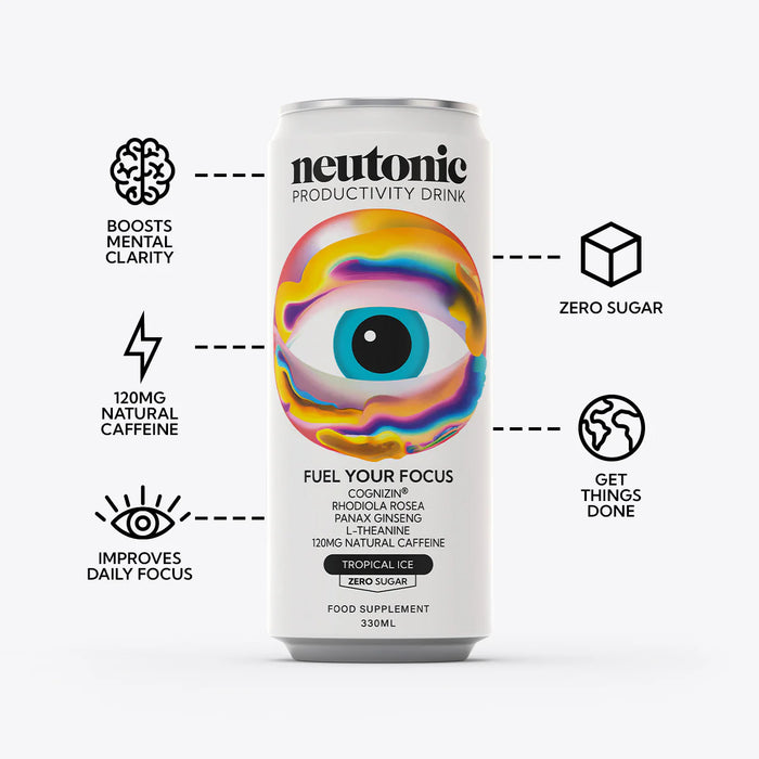 Neutonic productivity drink can with colorful eye design on a white background