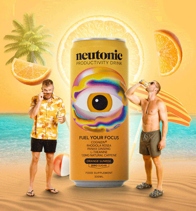 Neutonic productivity drink can with two people on a beach background