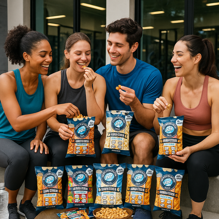 Square image of a group of friends in gym clothes enjoying Omaha Protein Popcorn after a workout outside a fitness studio. Seven authentic popcorn bags sit open and upright in the center, with hands reaching for popcorn. The vibe is fresh, active, and fun, with clear branding on every bag.