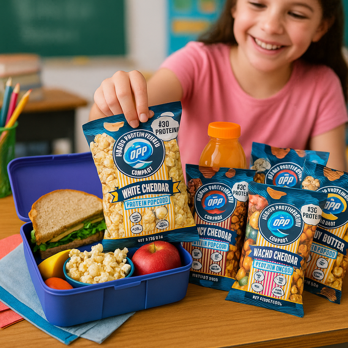 Square image of an open school lunchbox on a classroom desk, featuring Omaha Protein Popcorn as the hero snack alongside a sandwich, fruit, and a drink. Other popcorn bags in different flavors are visible. The background shows a colorful, lively school setting with books and school supplies
