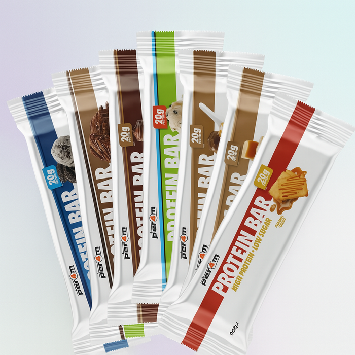 Full range of PER4M Protein Bars fanned out on pastel MSS color background – lifestyle image for MySupplementShop ecommerce listing, all flavours visible, realistic and ready for retail.