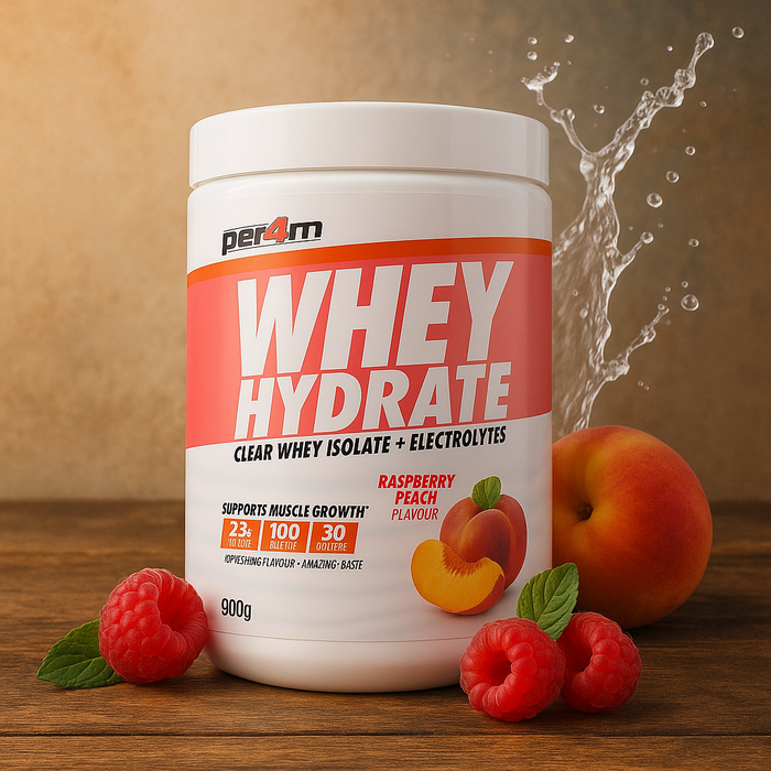 Refresh and recover with Per4m Whey Hydrate Raspberry Peach! Featuring 23g of high-quality protein, essential electrolytes, and a juicy raspberry peach twist, this clear whey isolate is perfect for post-workout hydration and muscle support. Only 100 kcal per serving.