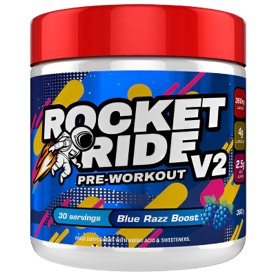 Pre-workout supplement container labeled 'Rocket Ride V2' with a colorful design on a white background.