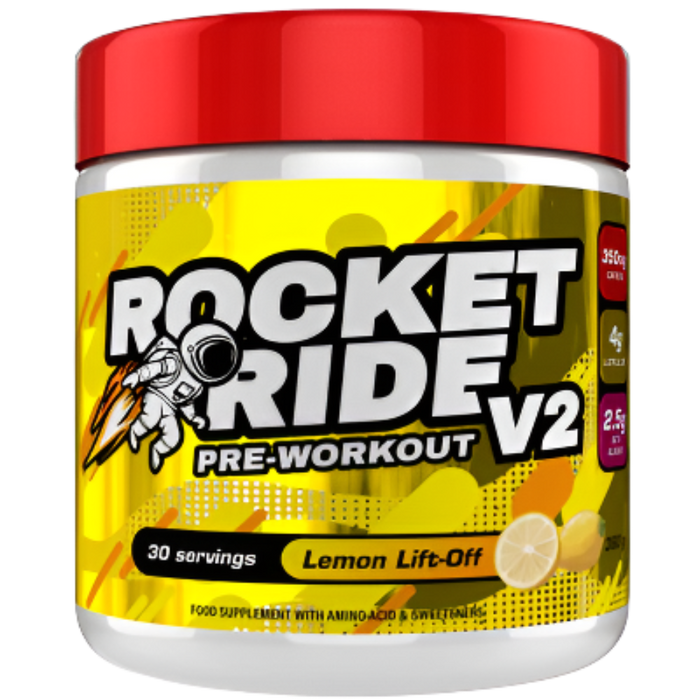 Pre-workout supplement container labeled 'Rocket Ride V2' with a red lid on a white background.