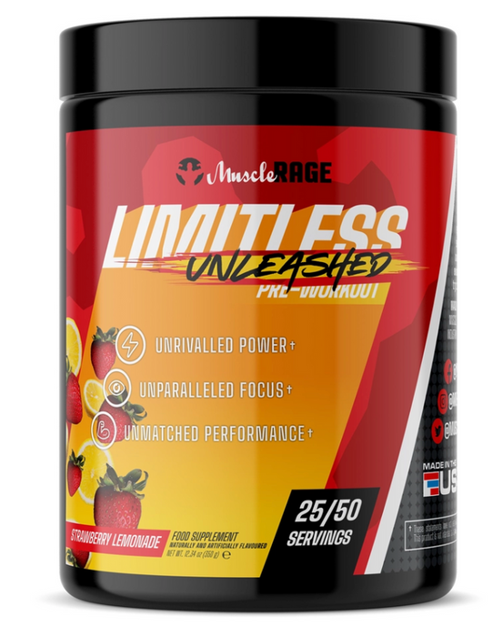 Muscle Rage Limitless Unleashed Pre-Workout by Muscle Rage: The Key to Unsurpassed Performance 350g - Strawberry Lemonade - Sports Supplements at MySupplementShop by Muscle Rage