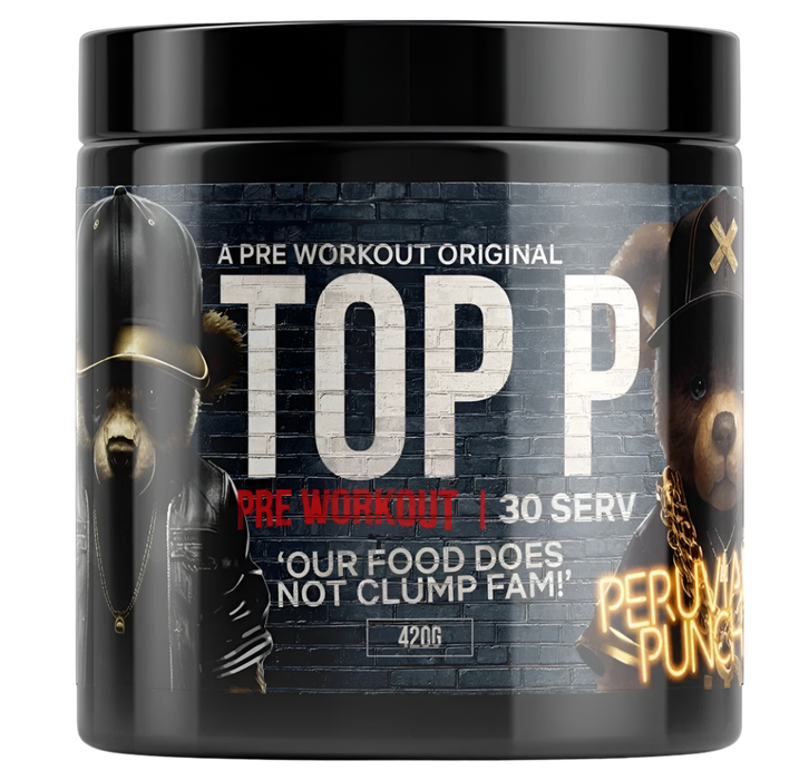 Pre-workout supplement container with 'TOP P' branding on a white background