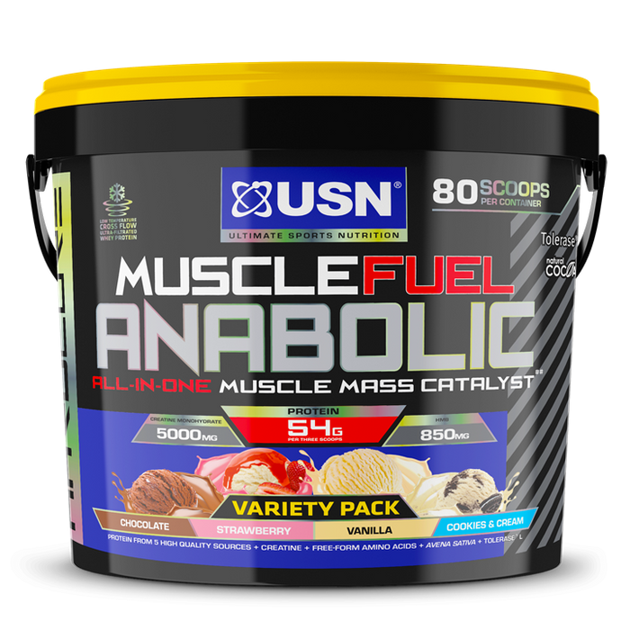 USN Muscle Fuel Anabolic 4kg | All-in-one Protein Powder - Variety Pack Cookies & Cream/Choc/Strawb/Vanilla - Whey Proteins at MySupplementShop by USN