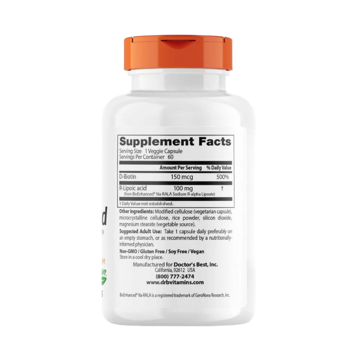 Doctor's Best stabilisierte R-Liponsäure mit bioverstärktem Na-RALA, 100 mg – 60 Kapseln