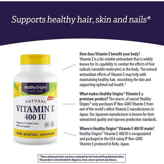 Healthy Origins Vitamin E 400iu 180 Softgels - Skin Care at MySupplementShop by Healthy Origins