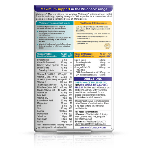Vitabiotics Visionace Max 56 Tablets - Eye Health at MySupplementShop by Vitabiotics