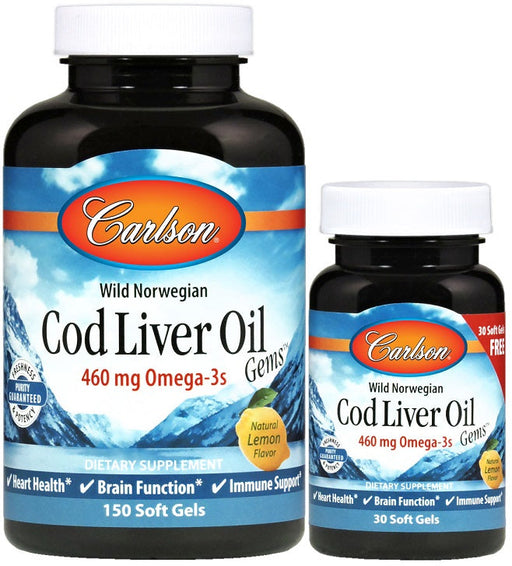 Carlson Labs Wild Norwegian Cod Liver Oil Gems, 460mg - 150 + 30 softgels - Omegas, EFAs, CLA, Oils at MySupplementShop by Carlson Labs